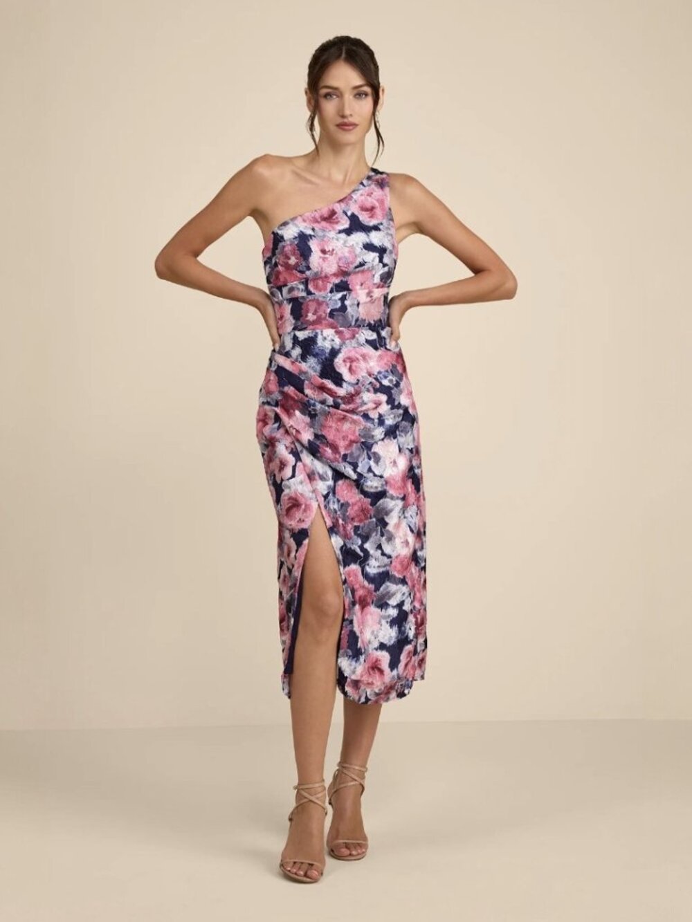 Lulus Jemmilah Navy Floral Textured One-Shoulder Midi Dress NWT